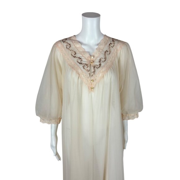 Vintage 80s Sheer Peignoir Women's Large Cream Chiffon Robe Deadstock JCPenney - Picture 3 of 11